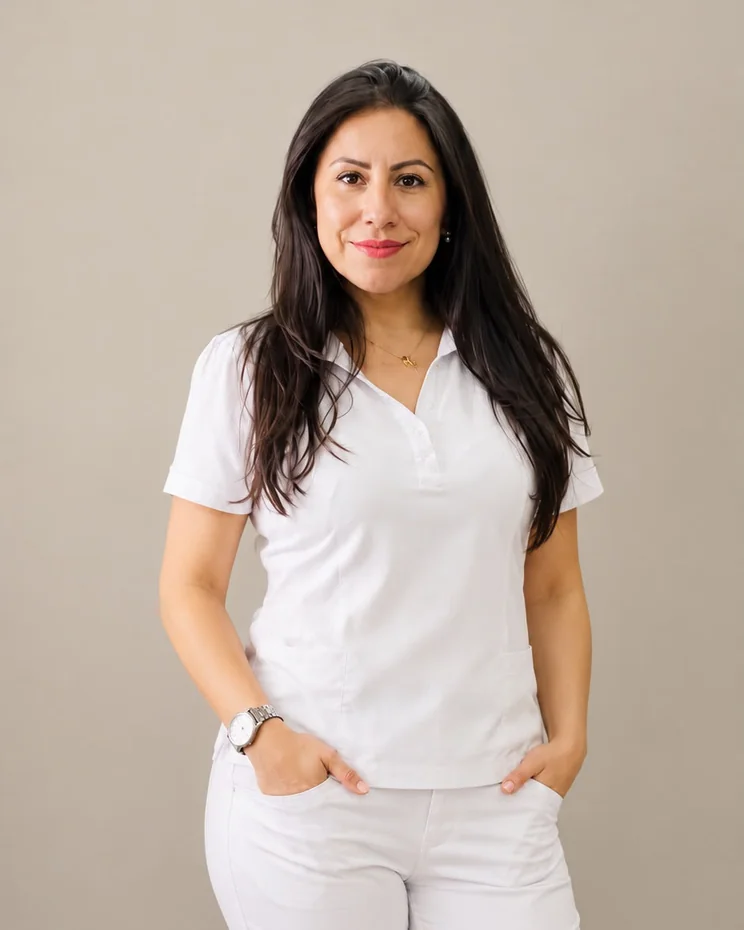 Rosa in weißer Studiokleidung.